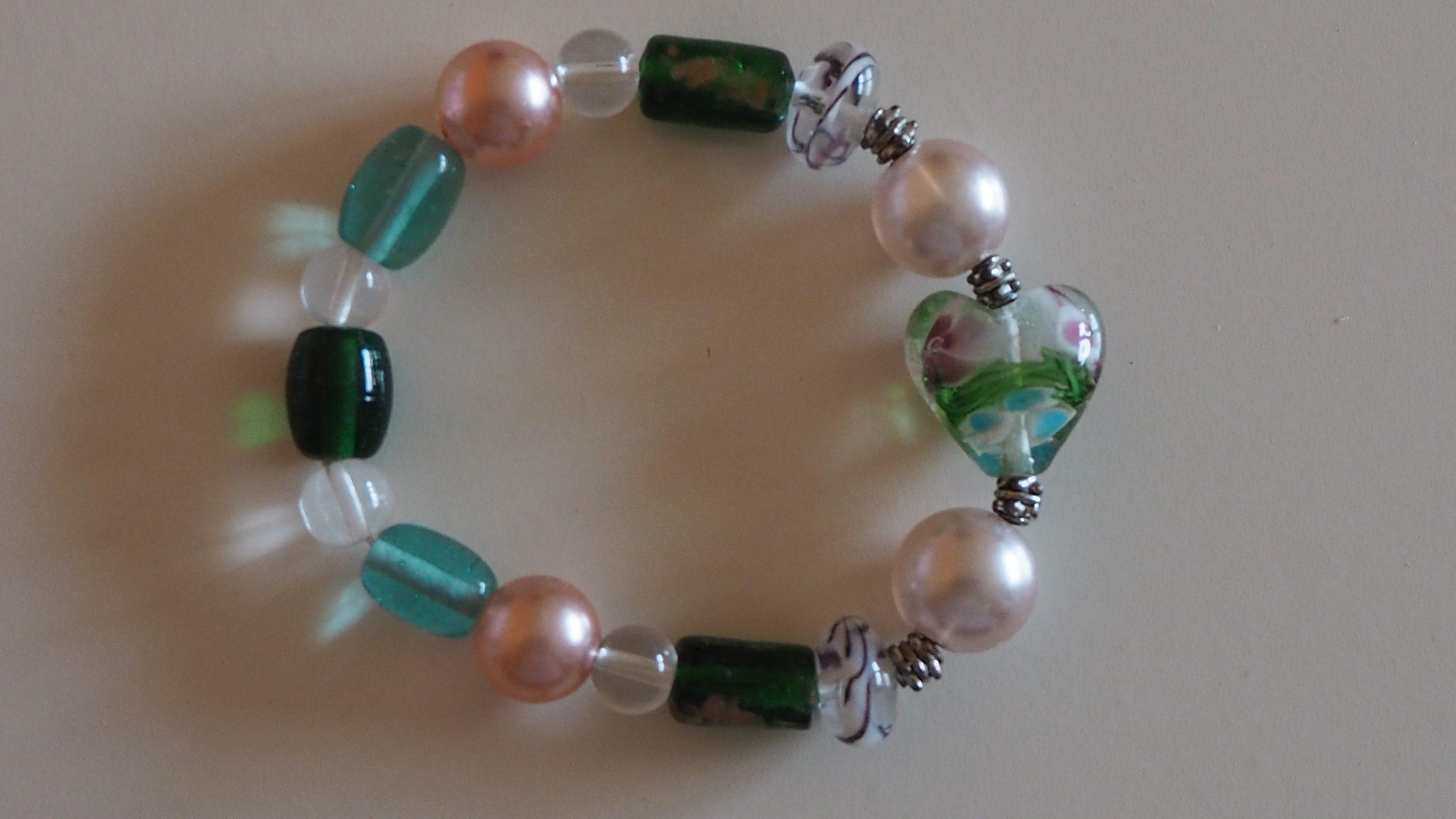 Armband grün-rose Glas und Porzellan